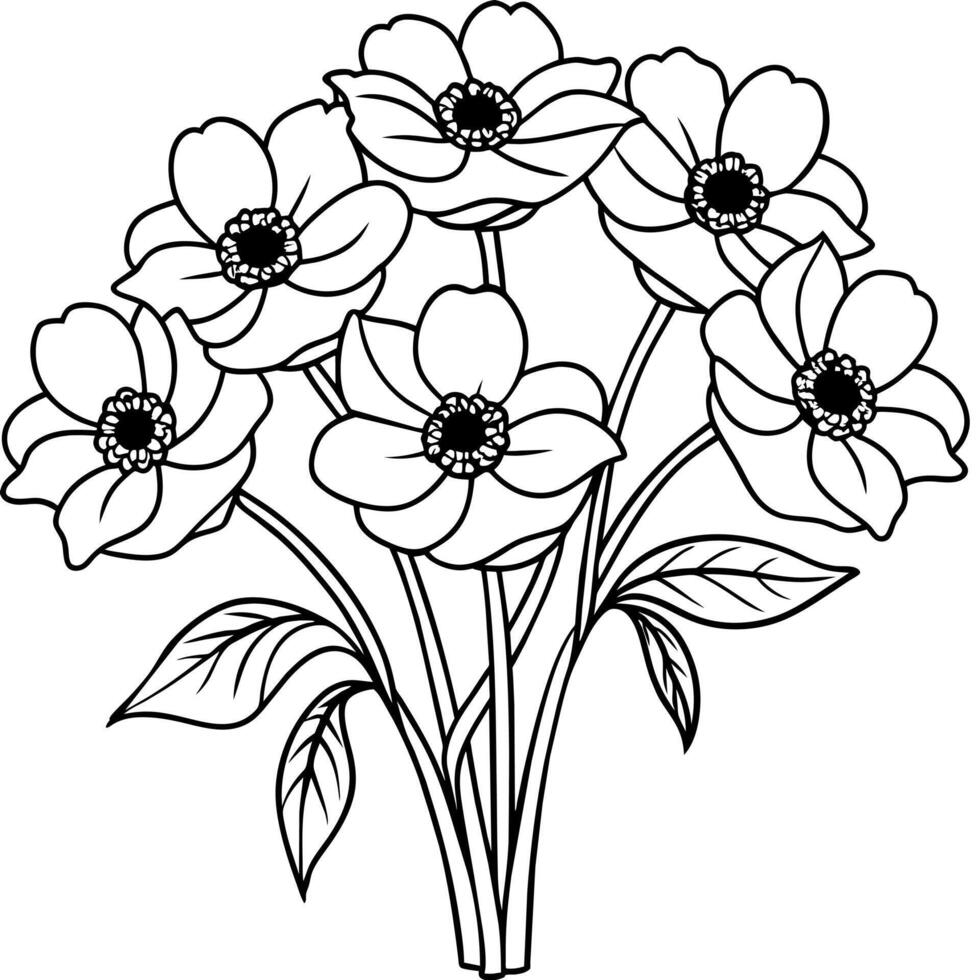 Anemone Flower Bouquet outline illustration coloring book page design, Anemone Flower Bouquet black and white line art drawing coloring book pages for children and adults vector