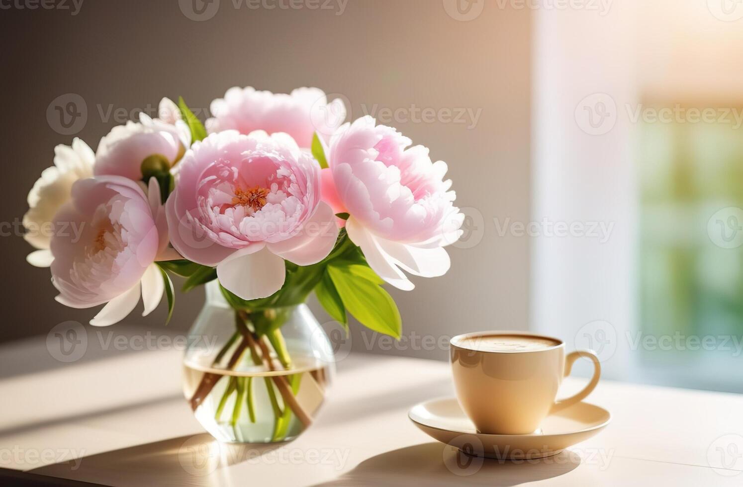 White and light pink peonies bouquet in vase glass with mug cup of coffee latte cappuccino sun light window modern interrior bokeh spring photo