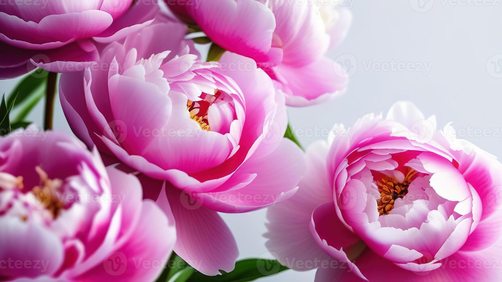 Pink peonies on banner grey solid background space for text copy space close up flowerspetals leaves garden flowers photo