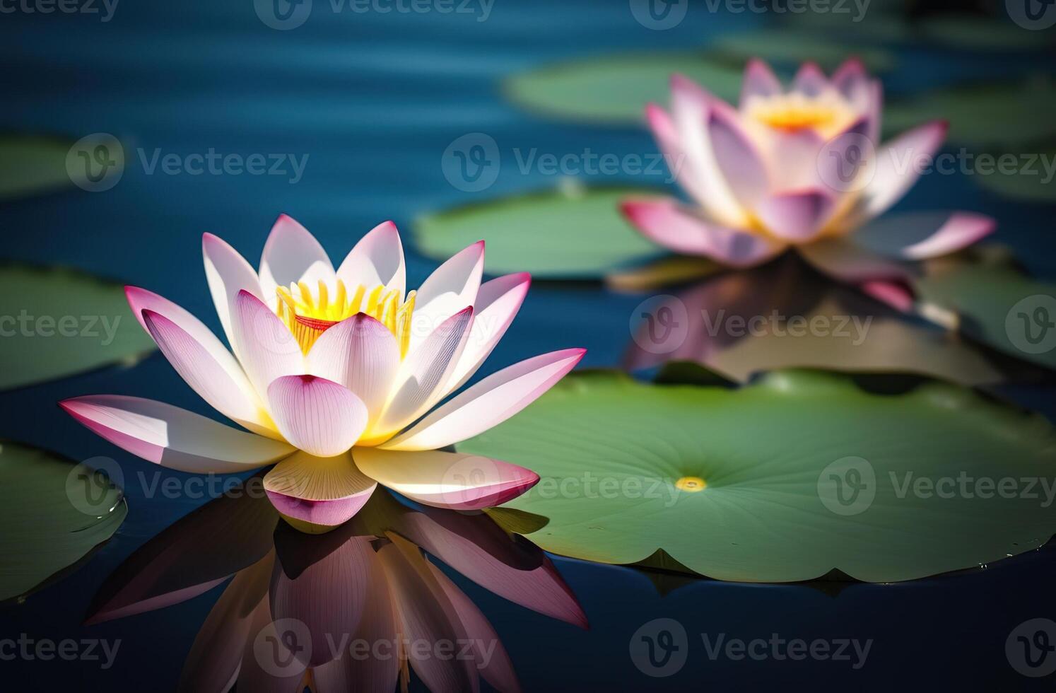 hermosa agua lirio loto flor con hojas en lago agua superficie maditación zen asiático flora botánica Dom ligero verano foto