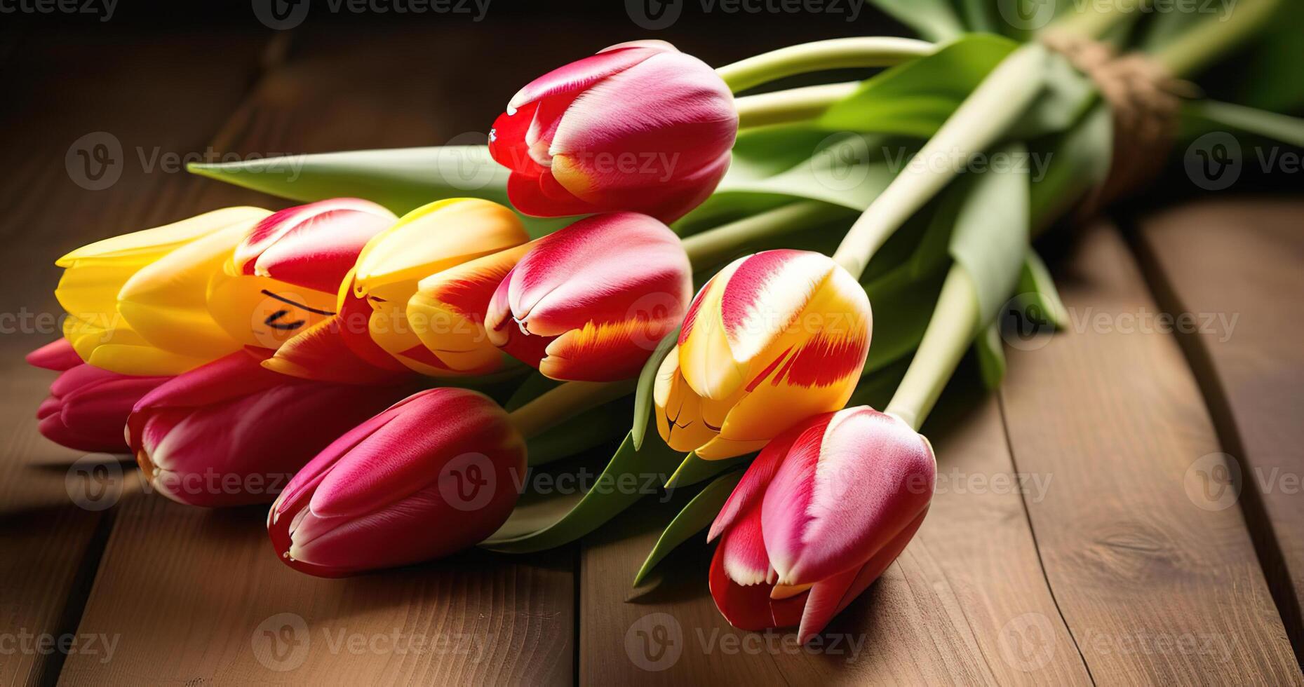 Spring flowers tulips banner copy space on wooden background table pink red yellow bouquet lying photo