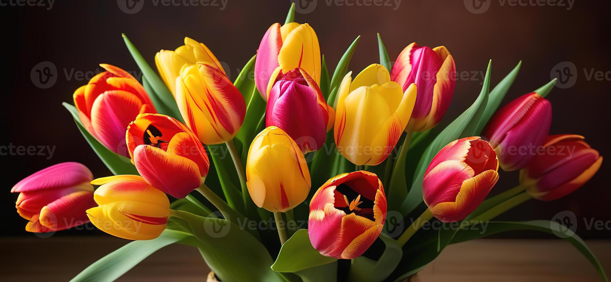 Spring flowers tulips banner copy space on wooden background table pink red yellow bouquet lying photo