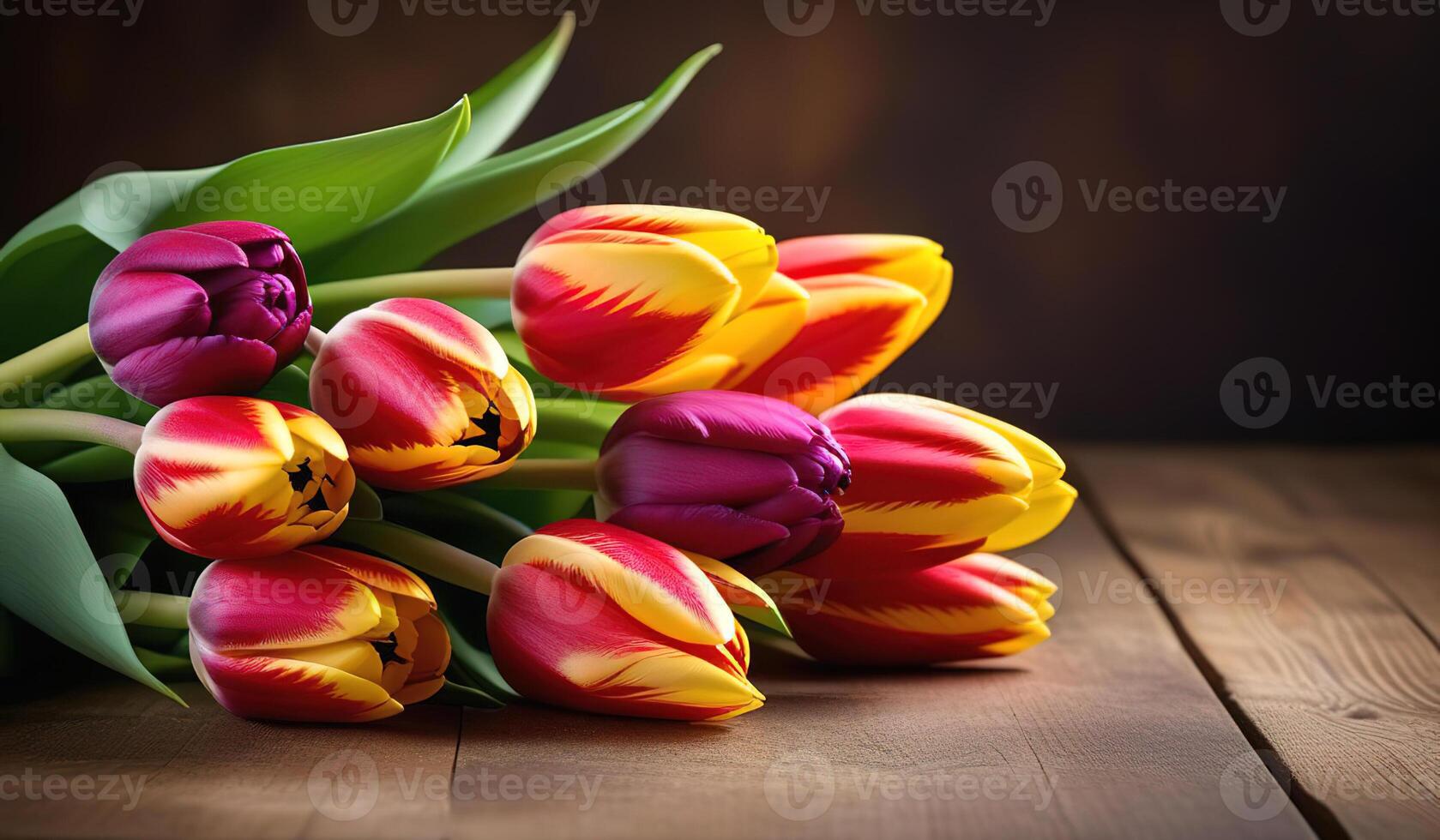 Spring flowers tulips banner copy space on wooden background table pink red yellow bouquet lying photo