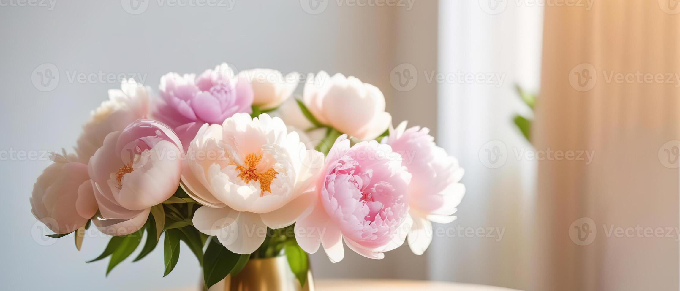 White and light pink peony bouquet spring summer banner space for text copy space window sun light vase modern interrior bokeh photo