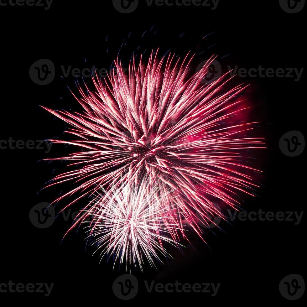 Colorful celebration fireworks isolated on black sky background. photo