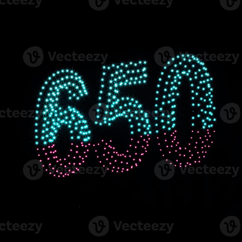 Colorful drone light shows on a night sky background. A figure of the number 650 made of glowing drones. photo