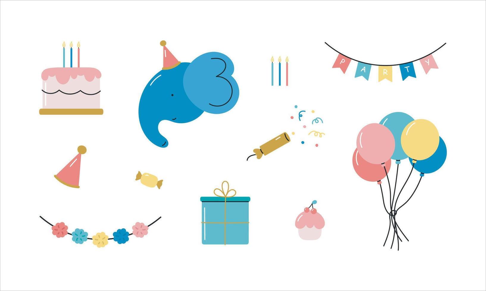 Happy birthday set in cartoon flat style. Cake, balls, cracker, gift, garland. Good for baby shower invitations, party, birthday cards, stickers, prints. vector