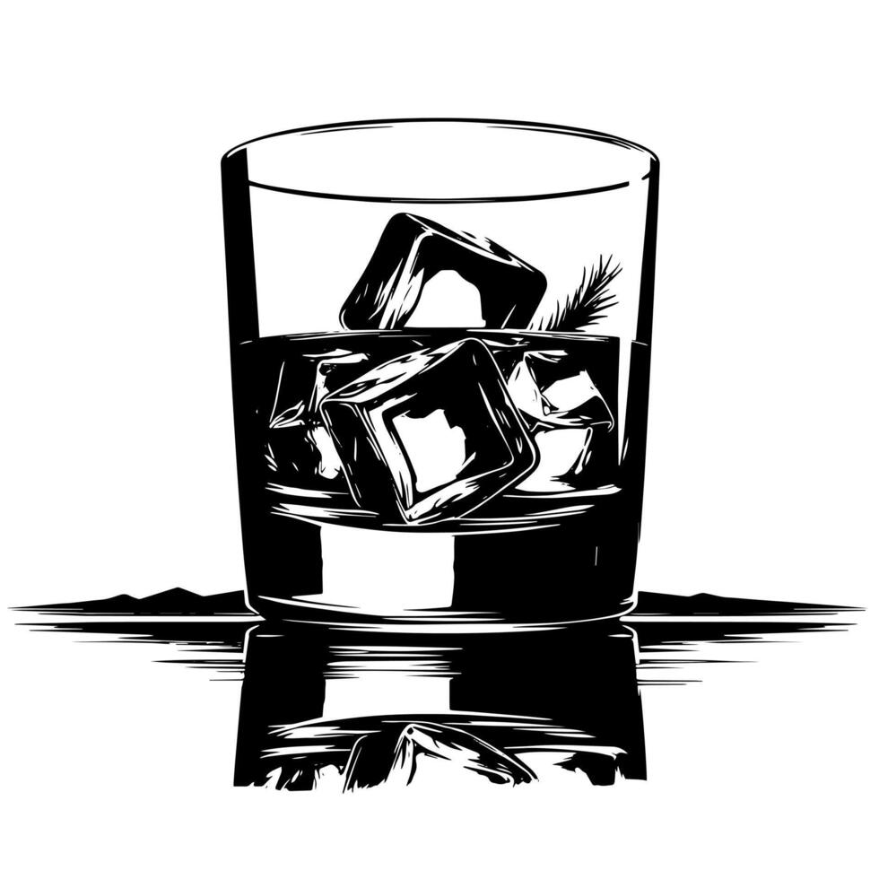 Black and white silhouette of a Glass Whisky Scotch on the Rocks vector