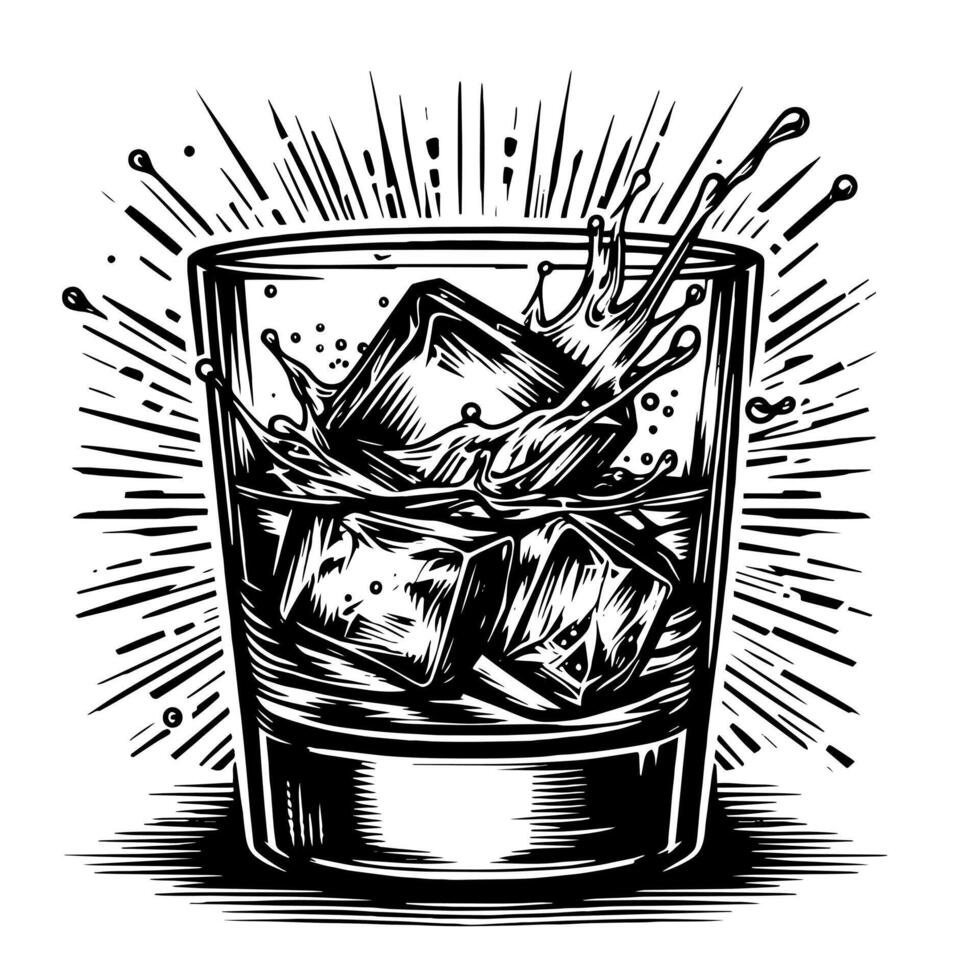 Black and white silhouette of a Glass Whisky Scotch on the Rocks vector