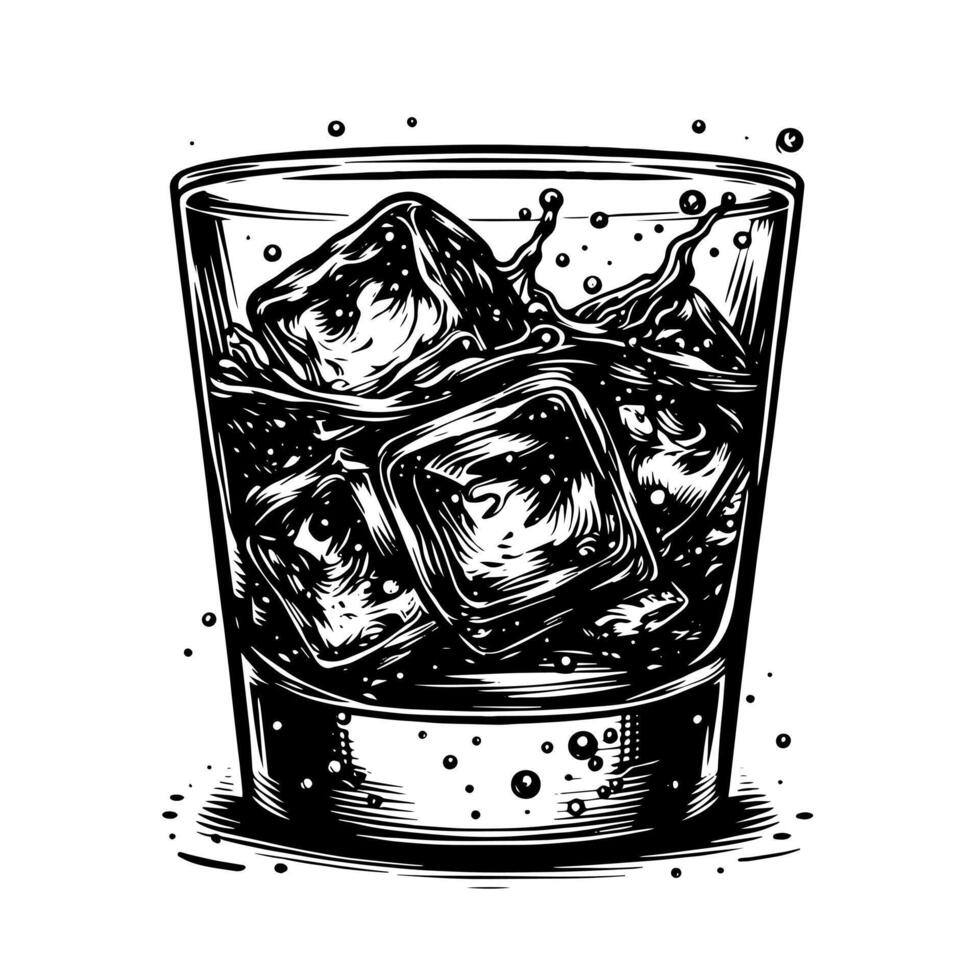 Black and white silhouette of a Glass Whisky Scotch on the Rocks vector