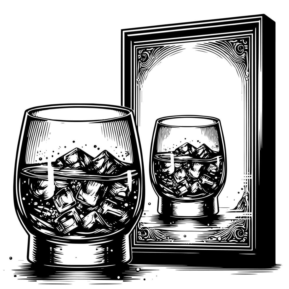 Black and white silhouette of a Glass Whisky Scotch on the Rocks vector