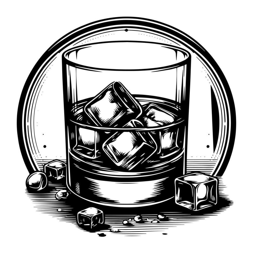 Black and white silhouette of a Glass Whisky Scotch on the Rocks vector