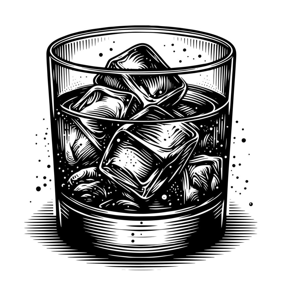 Black and white silhouette of a Glass Whisky Scotch on the Rocks vector