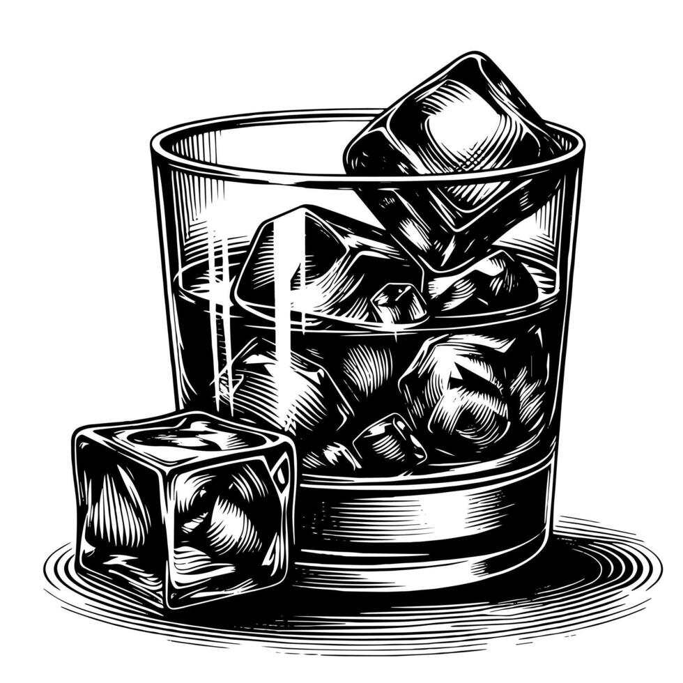 Black and white silhouette of a Glass Whisky Scotch on the Rocks vector