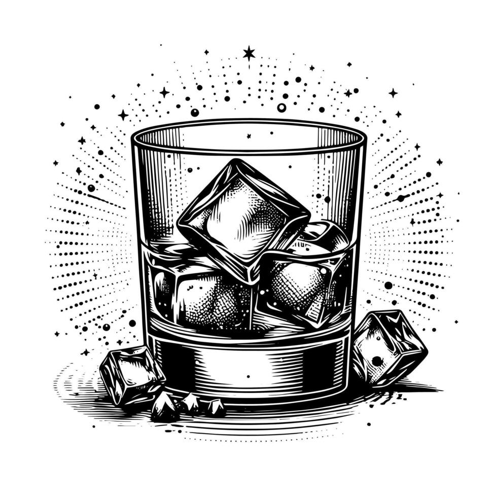 Black and white silhouette of a Glass Whisky Scotch on the Rocks vector