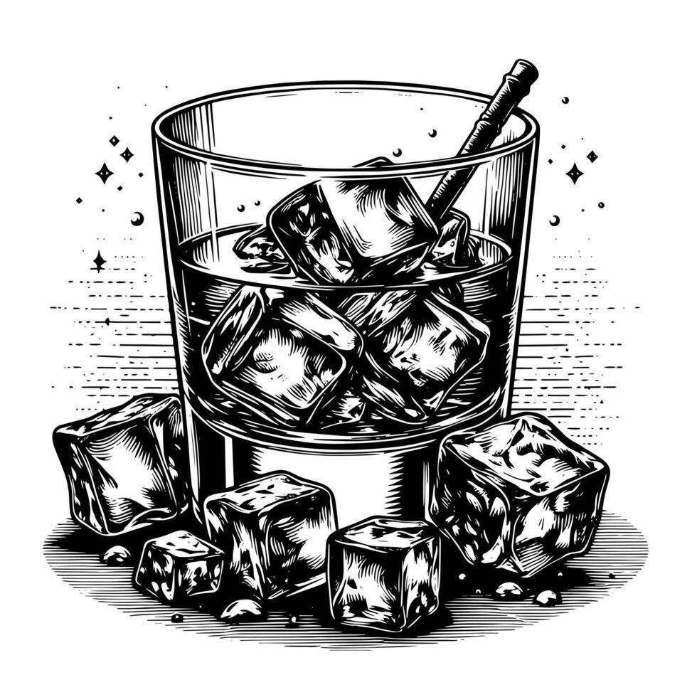 Black and white silhouette of a Glass Whisky Scotch on the Rocks vector