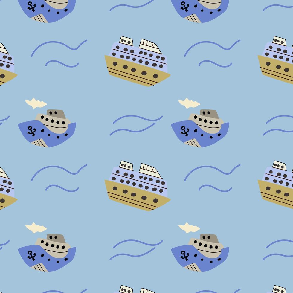 Cute marine baby pattern with ship and wave. Seamless sea print for textile, fabric, nursery. illustration of boat and water. vector