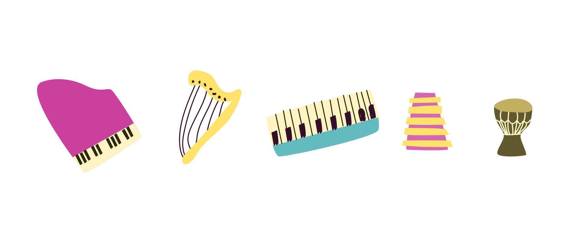 set of musical instruments. Orchestra classical and ethnic instruments. illustration of drum, guitar, saxophone, trumpet, violin, banjo and other. vector