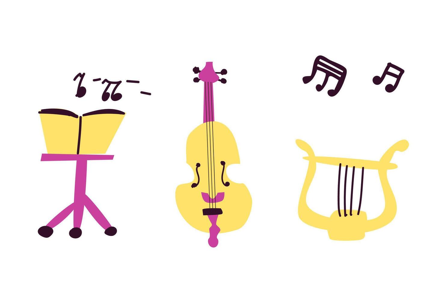 conjunto de musical instrumentos orquesta clásico y étnico instrumentos ilustración de tambor, guitarra, saxofón, trompeta, violín, banjo y otro. vector