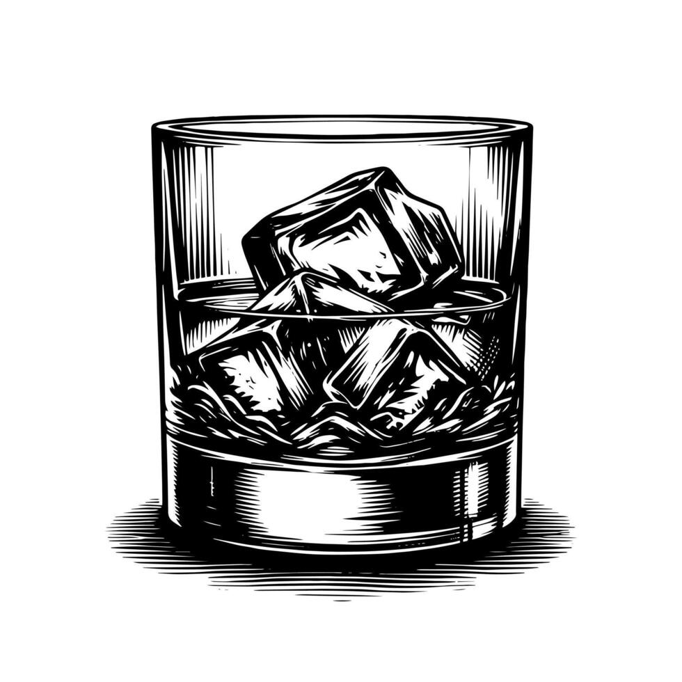 Black and white silhouette of a Glass Whisky Scotch on the Rocks vector