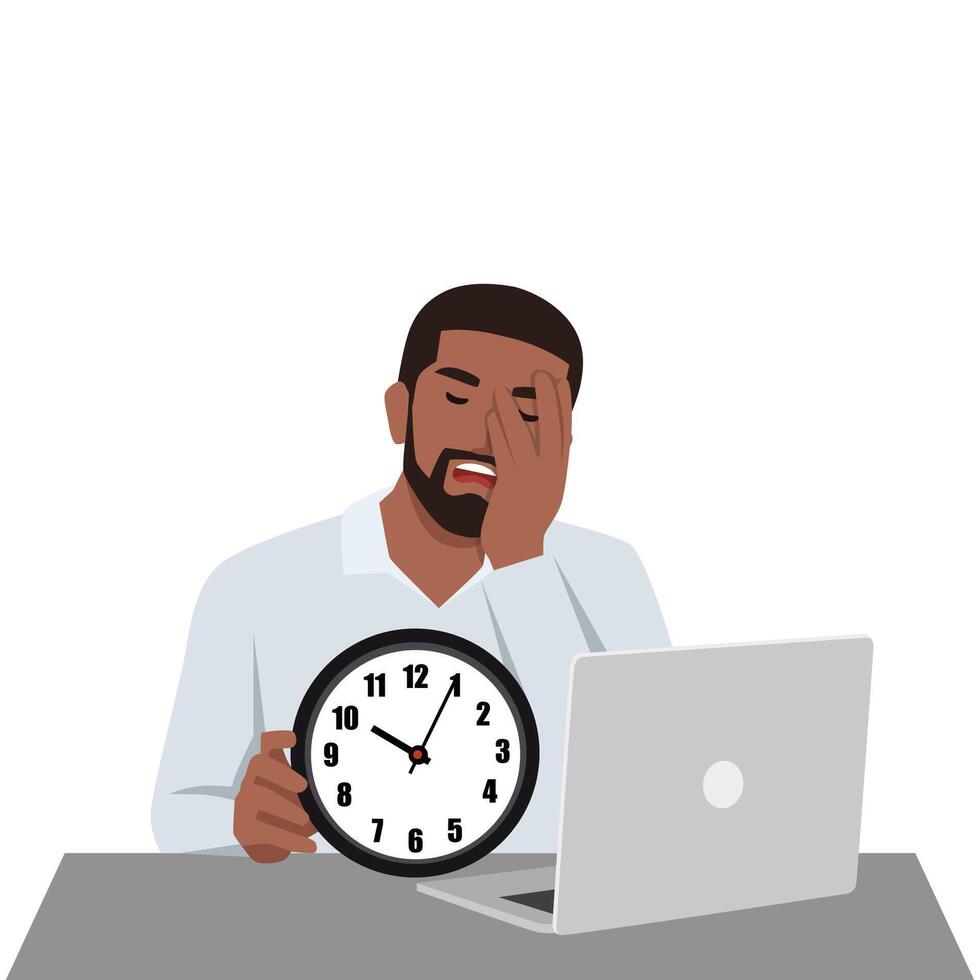 Sleepy worker and tiredness concept. Office worker sitting at laptop. vector