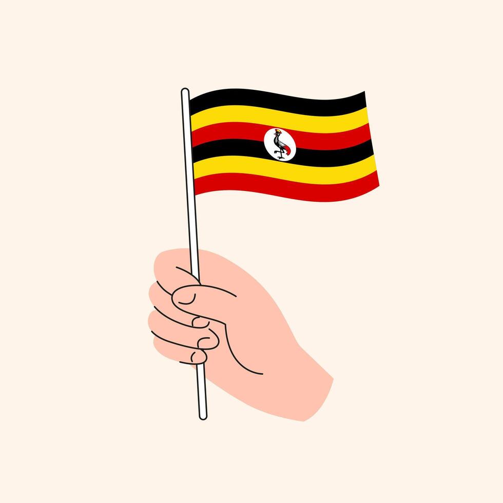 Cartoon Hand Holding Ugandan Flag, Simple Design. Flag of Uganda, East Africa, Concept Illustration, Isolated Flat Drawing vector