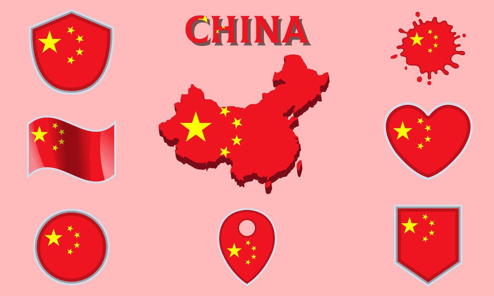 Collection of flat national flags of China with map vector