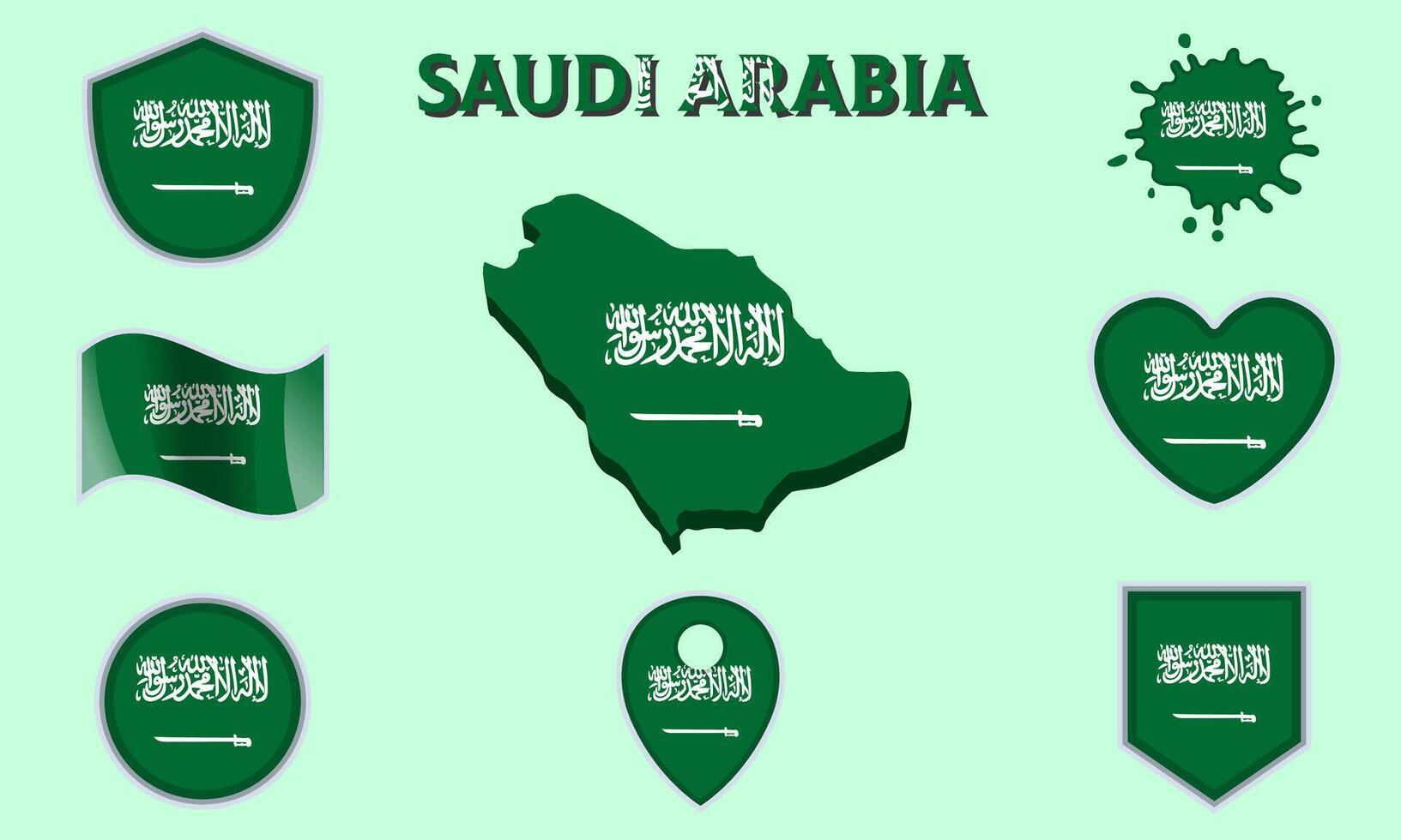 Collection of flat national flags of Saudi Arabia with map vector