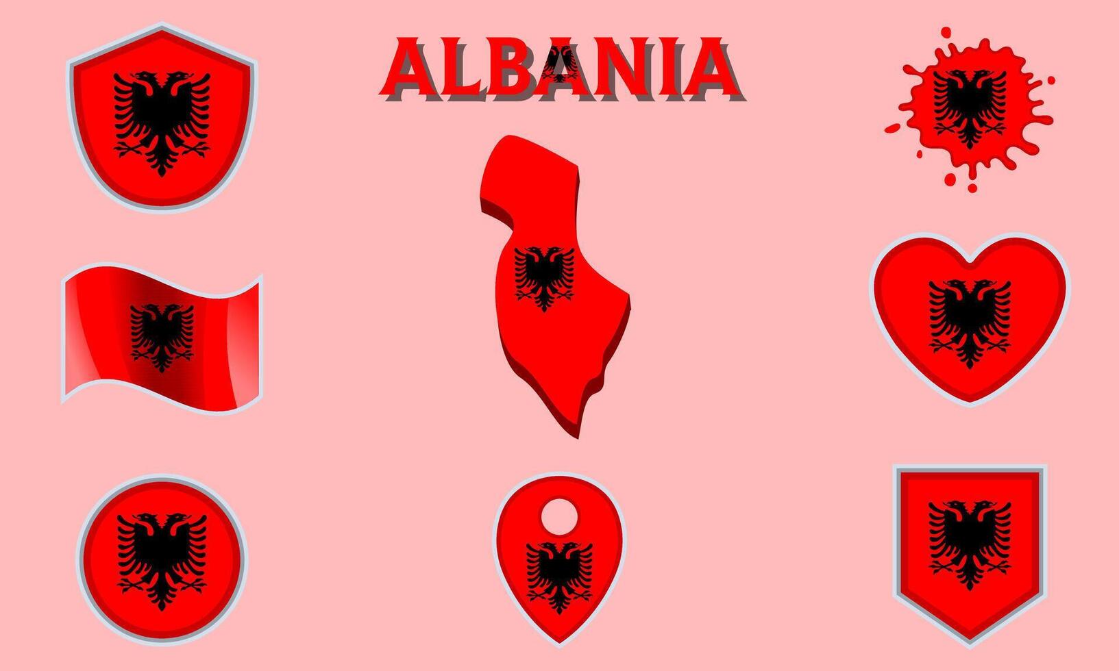 Collection of flat national flags of Albania with map vector