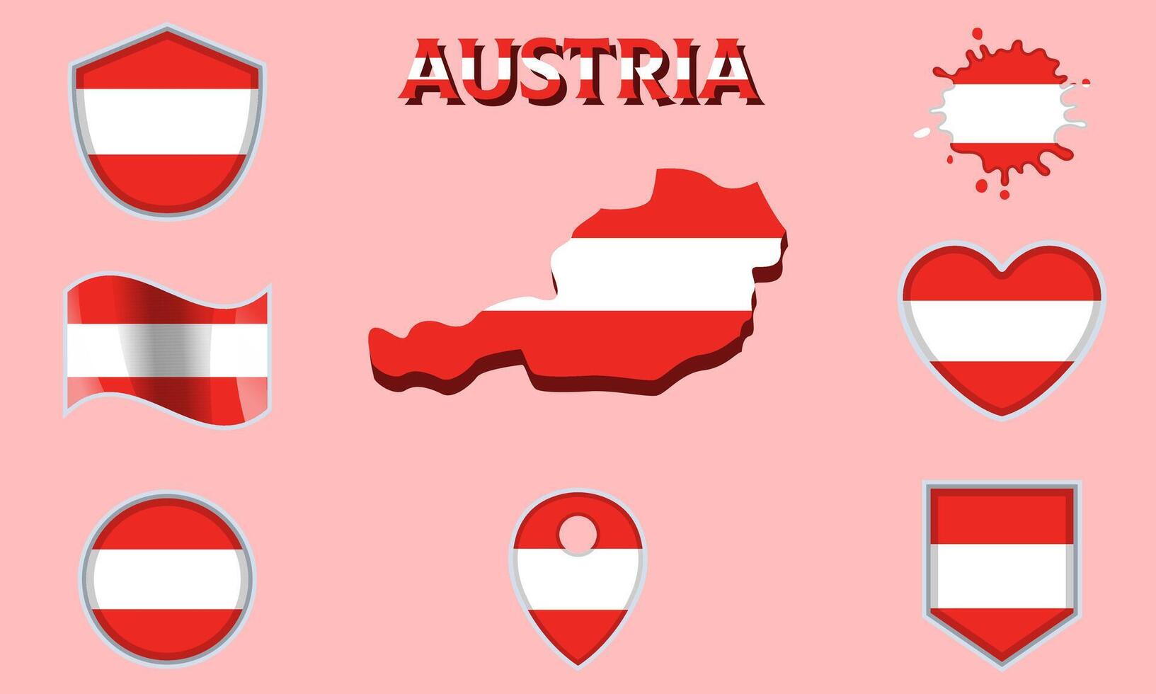 Collection of flat national flags of Austria with map vector