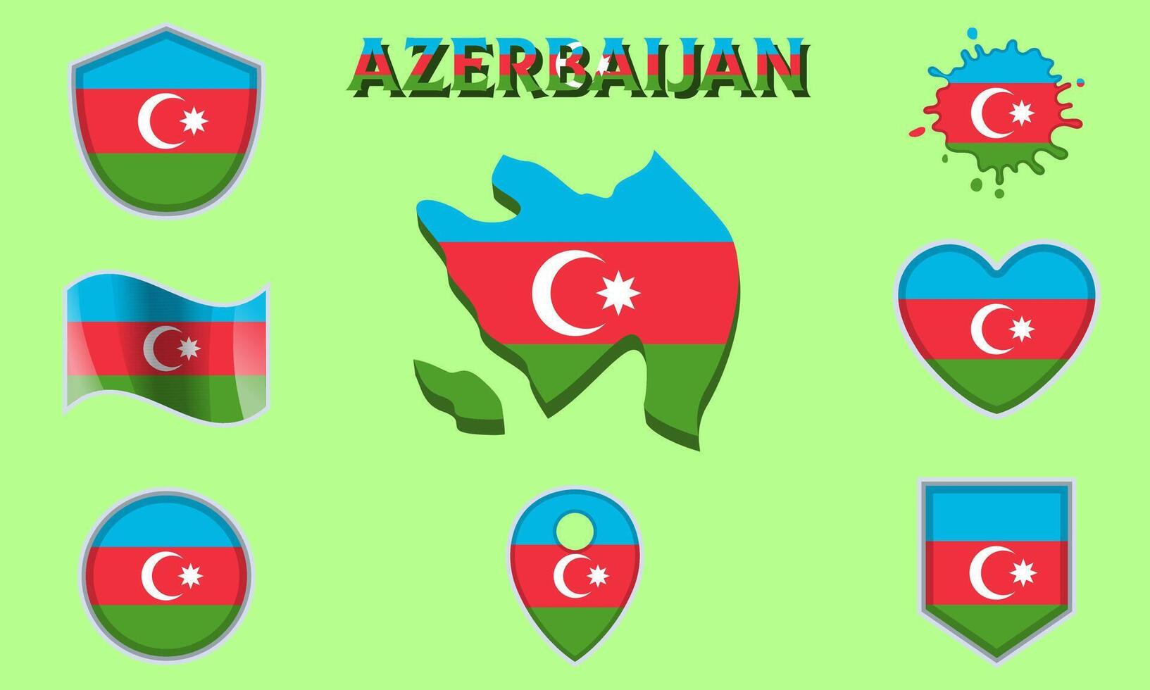 Collection of flat national flags of Azerbaijan with map vector