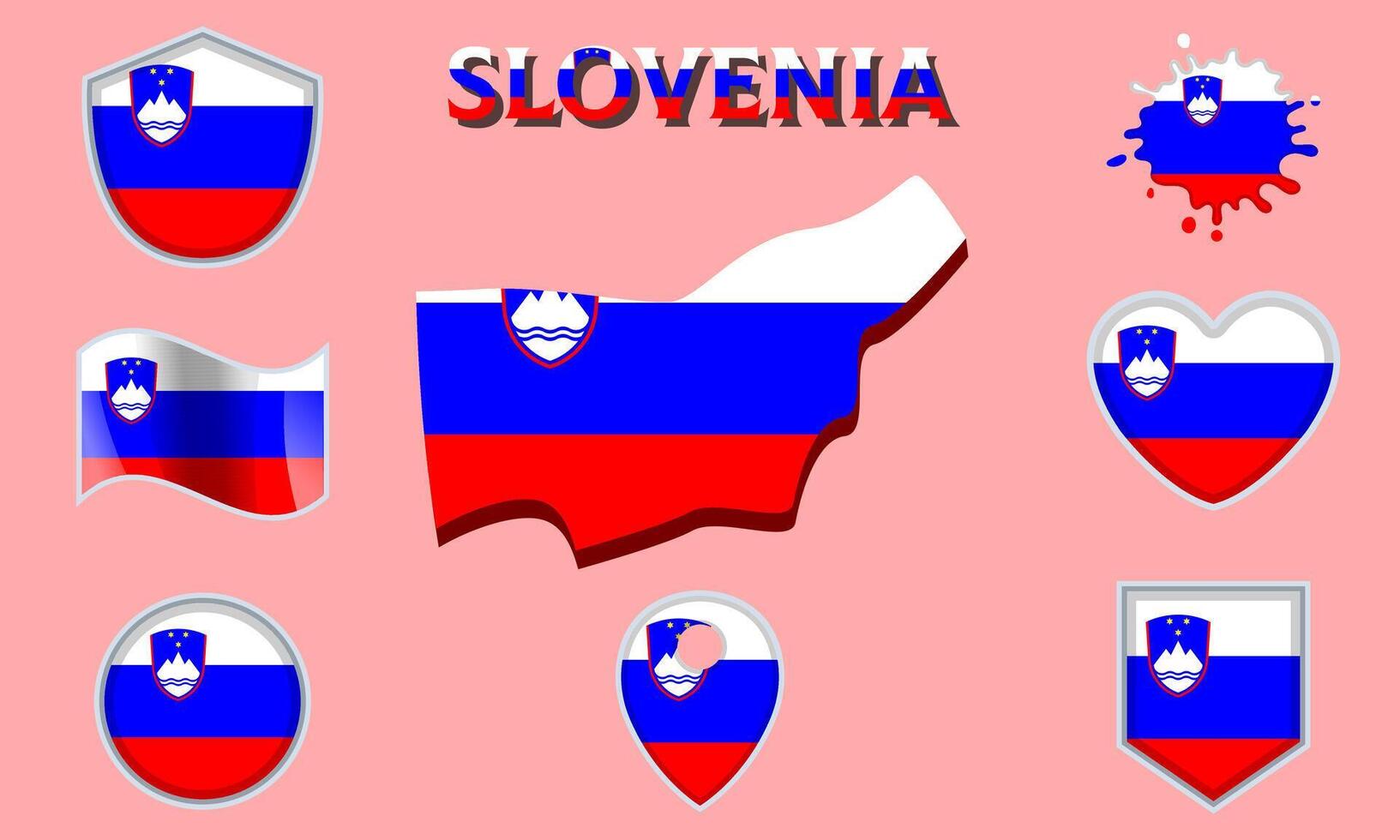 Collection of flat national flags of Slovenia with map vector