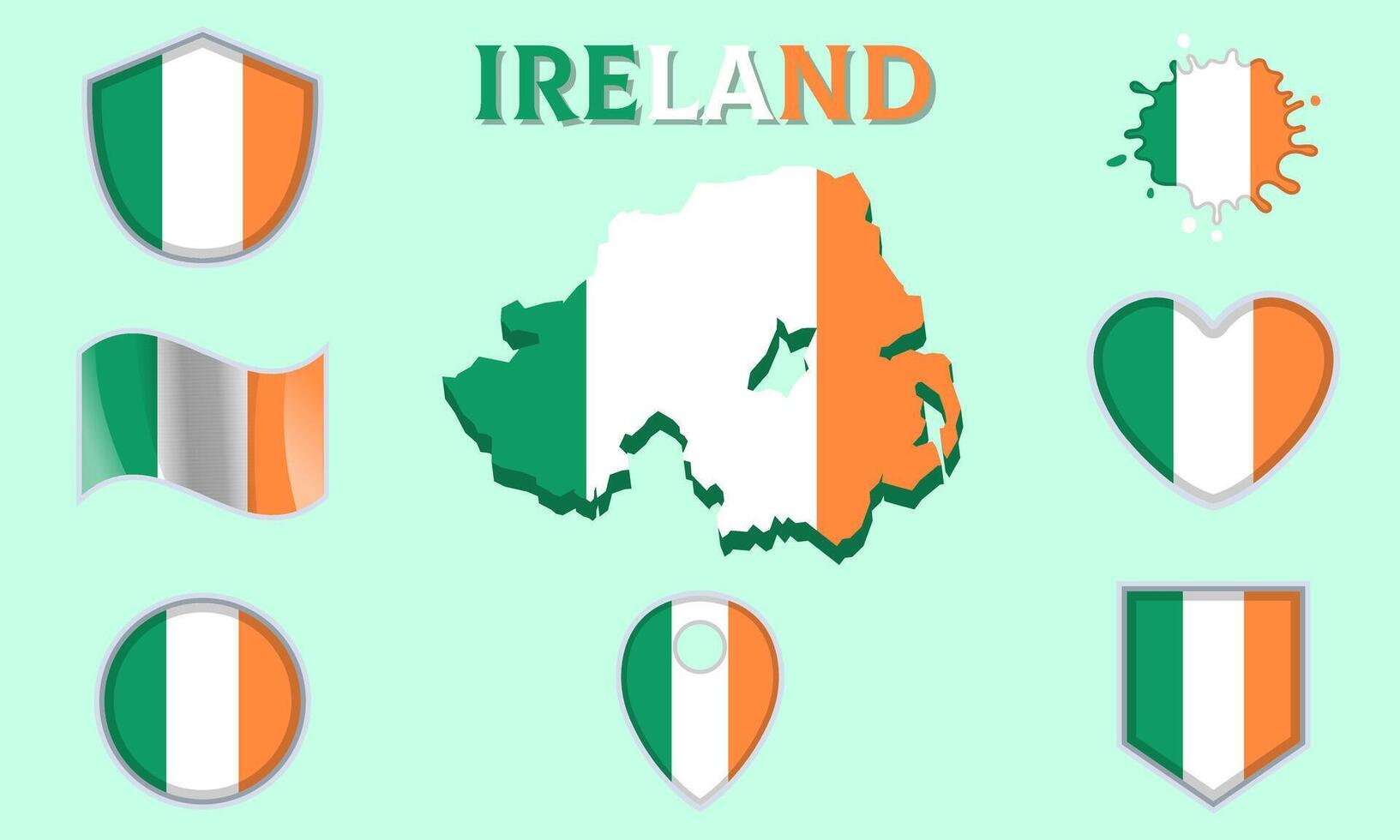 Collection of flat national flags of Ireland with map vector