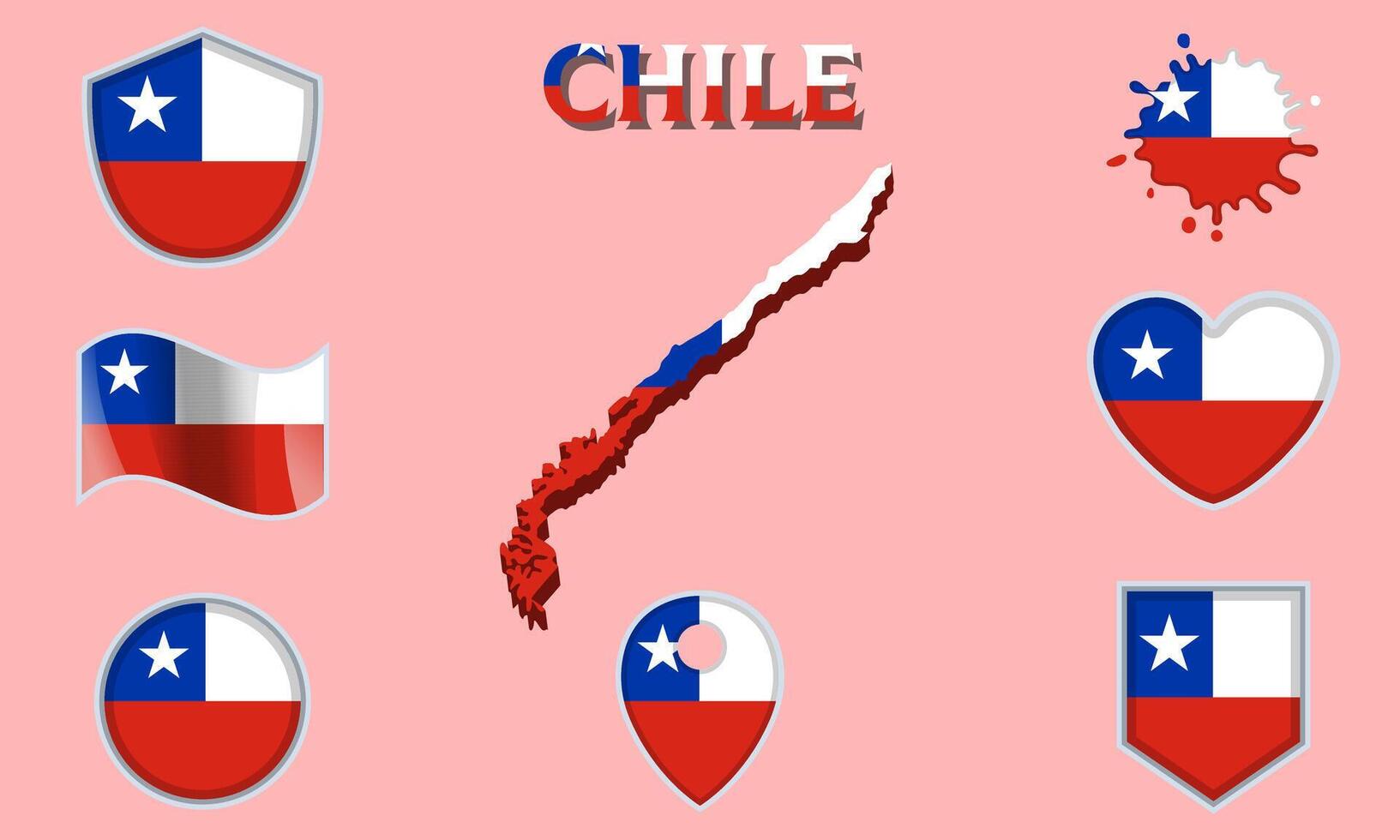 Collection of flat national flags of Chile with map vector