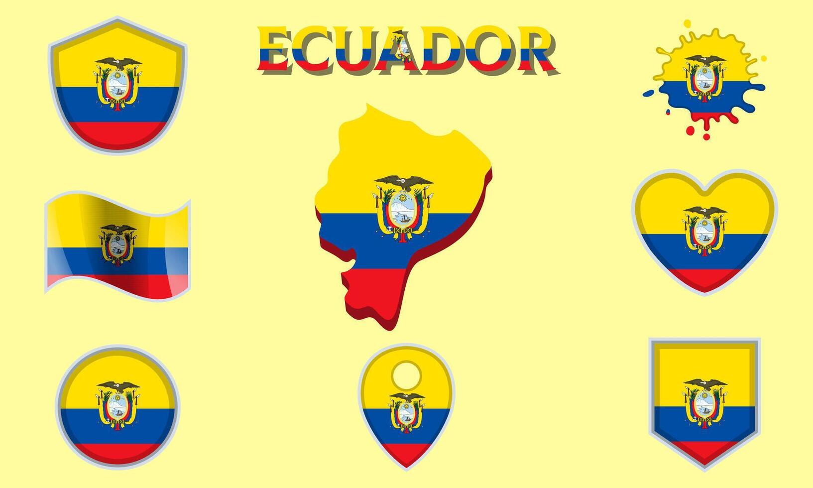 Collection of flat national flags of Ecuador with map vector