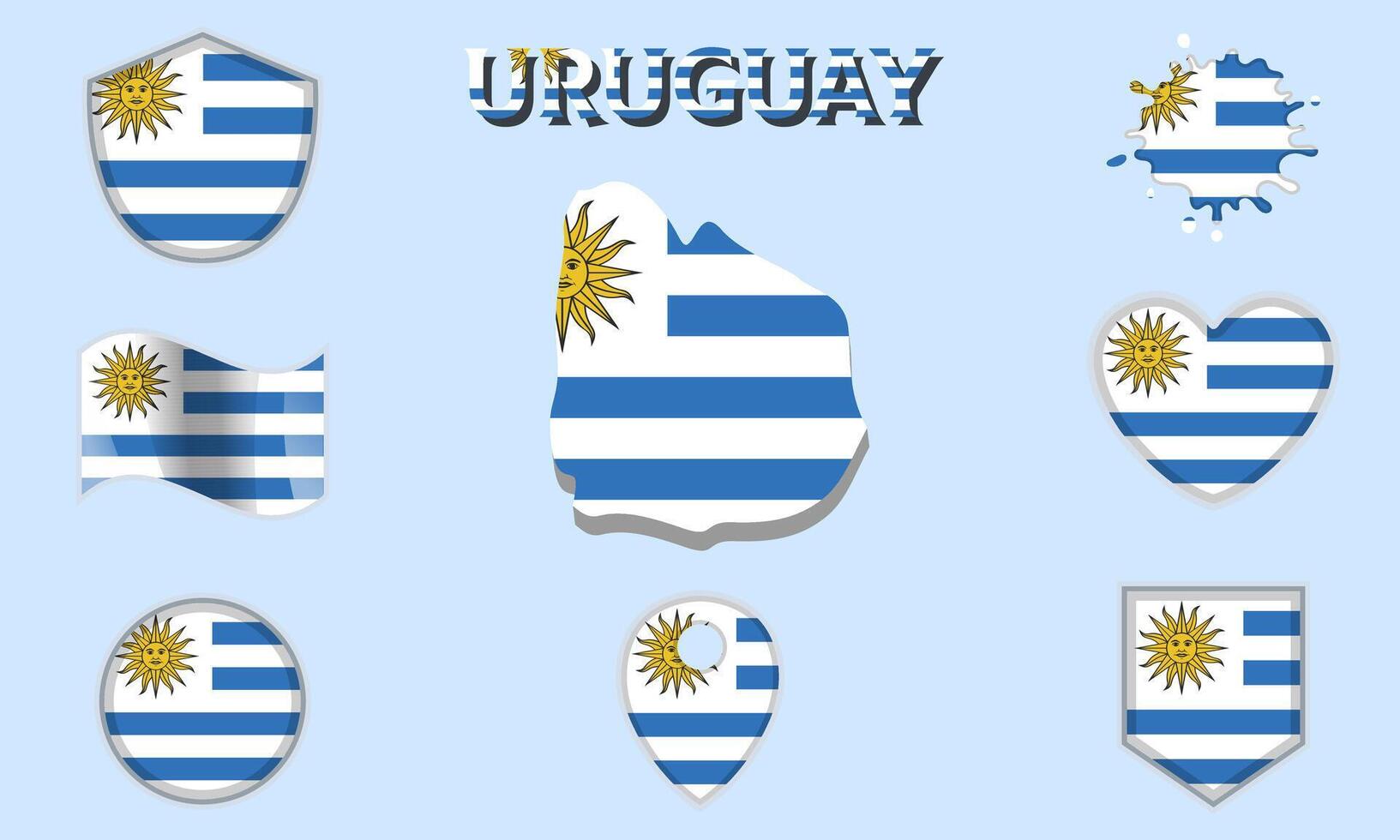 Collection of flat national flags of Uruguay with map vector