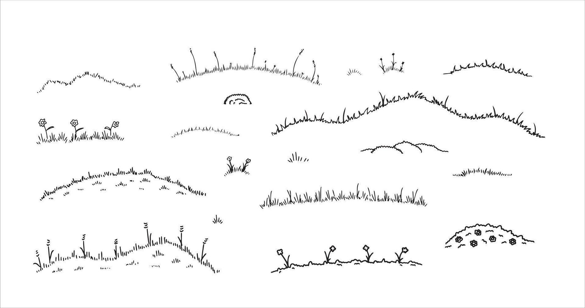 Grass sketch doodle field. Outline summer landscape. Hand drawn line meadow decoration with flower. Cartoon illustration isolated on white background vector