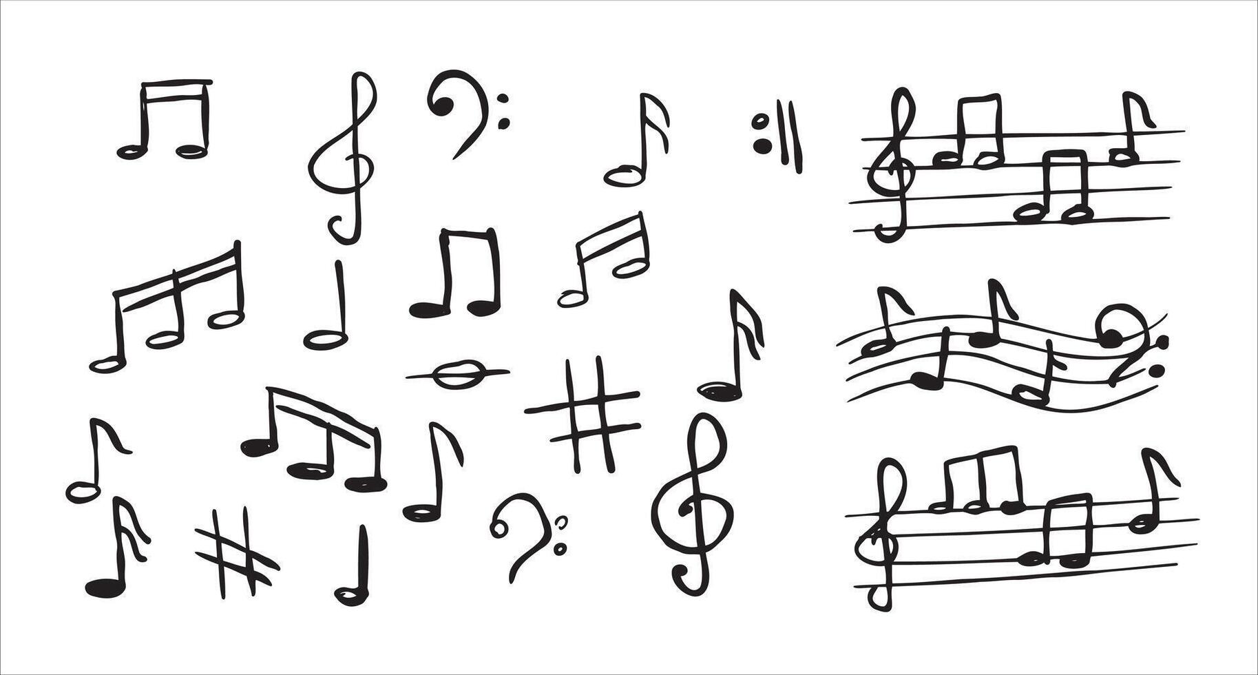 Music note sketch style. Doodle melody symbol set. Creative drawing sign isolated on white. Classic musical element collection vector