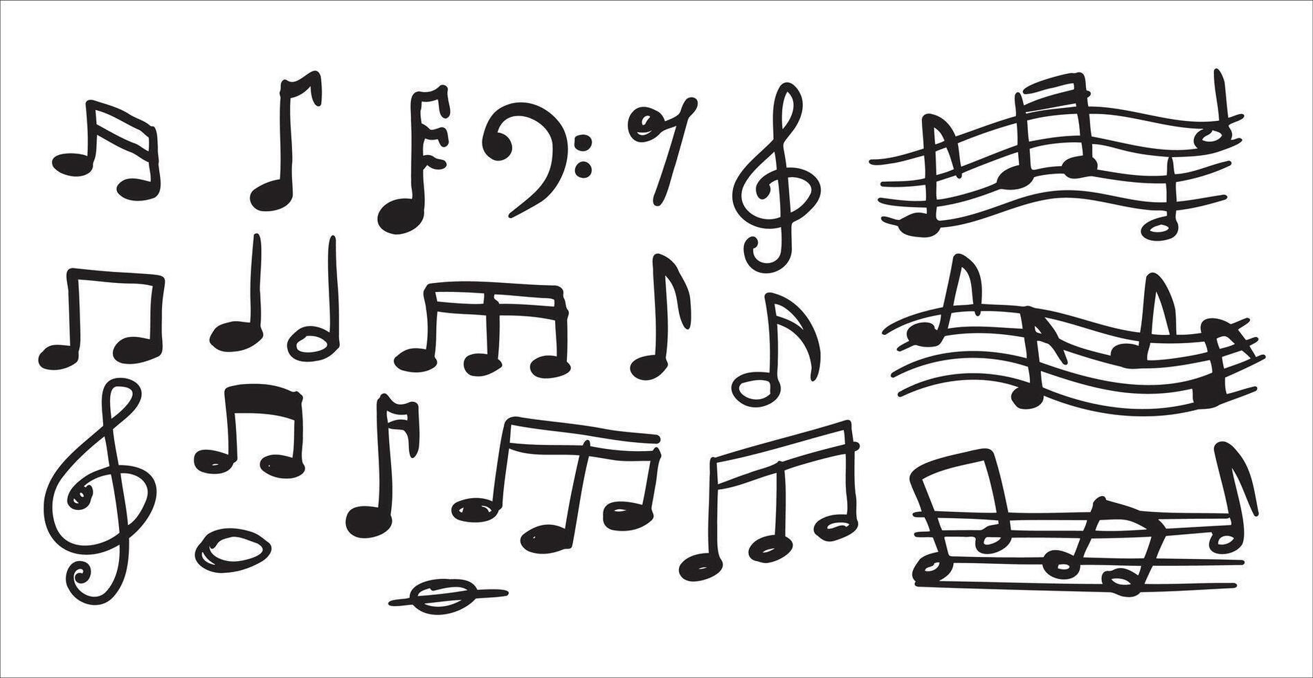 Music note sketch style. Doodle melody symbol set. Creative drawing sign isolated on white. Classic musical element collection vector