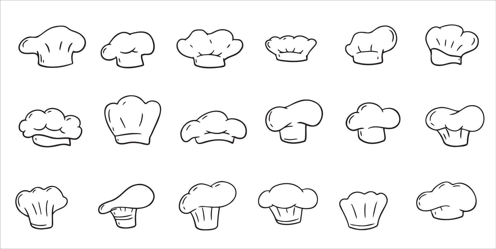 Chef hat, cook uniform. Drawing kitchen bakery cooker cap. Restaurant white uniform. Set of cooking cloth. Sketch italian culinary vector
