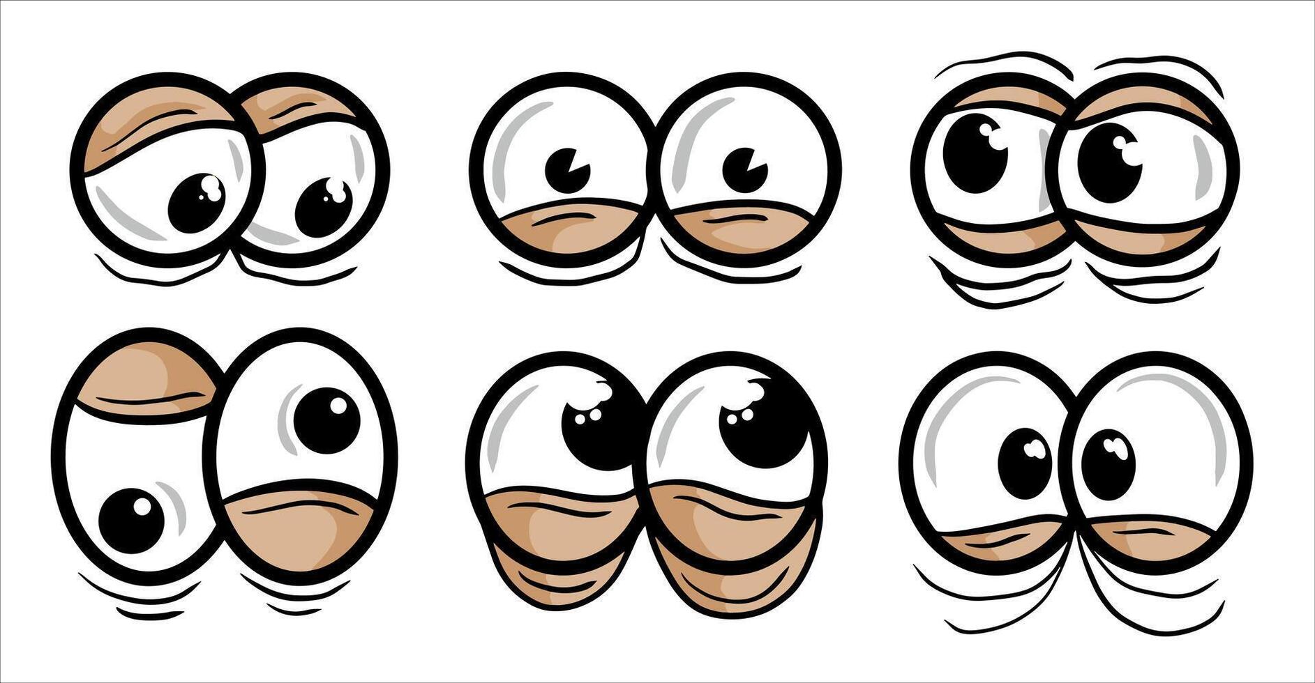 Tired Eye comic view. Black cute funny eyesight. Set of Surprised, angry and mad expression isolated on white background vector