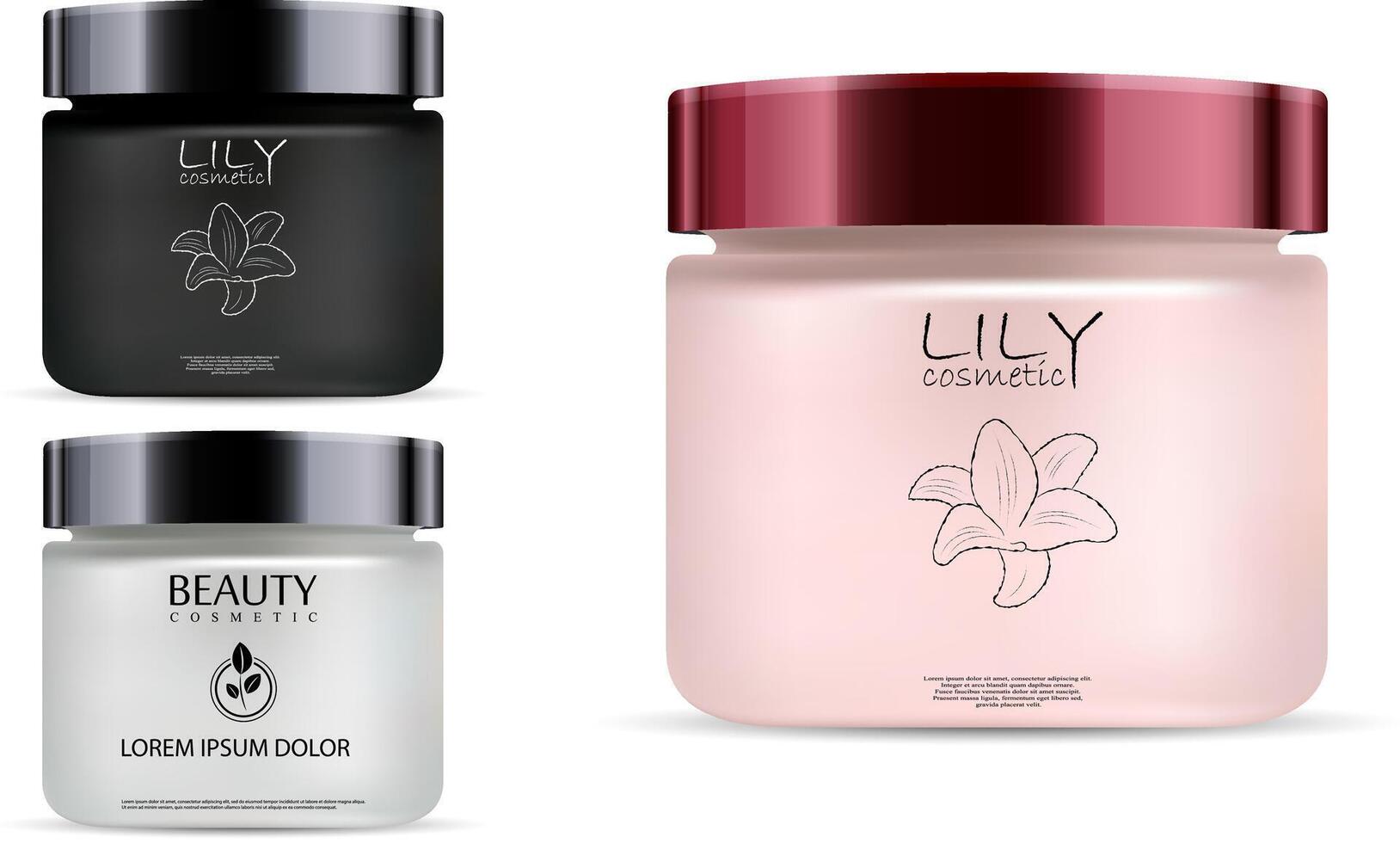 Round black, white and rose matt glass jar with black glossy plastic lid for cosmetics - body cream, butter, scrub, bath salt, gel, skin care, powder. Realistic 3d packaging mockup template. vector
