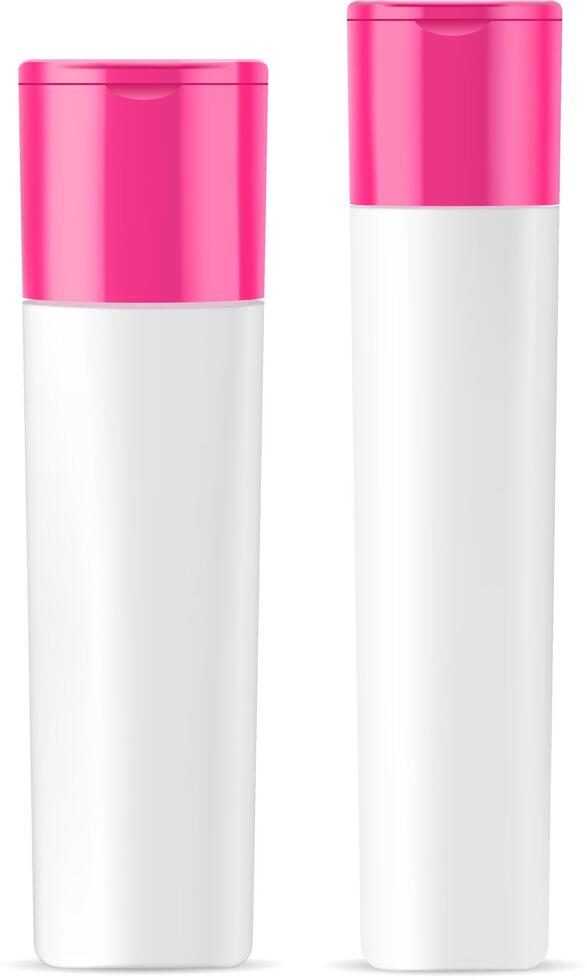Cosmetic bottles mockup set for shampoo, conditioner or shower gel. Silver plastic realistic 3d illustration of cosmetics package with red lid. Clear blank template for your design. vector