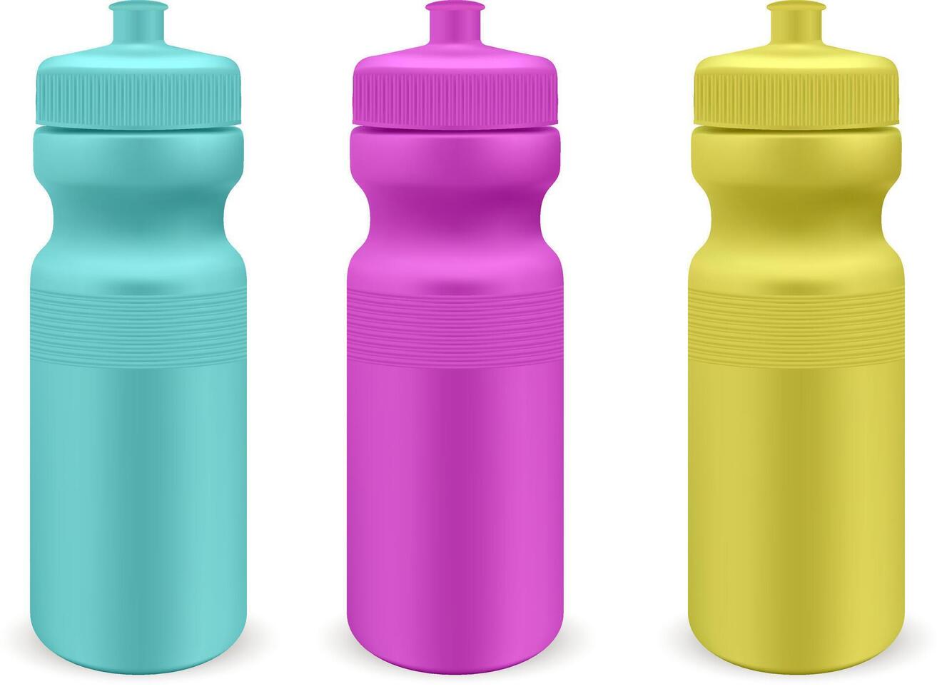 Matt plastic water sports bottles set. Ultra color Photo realistic packaging mockup template. Front view. 3d illustration. vector