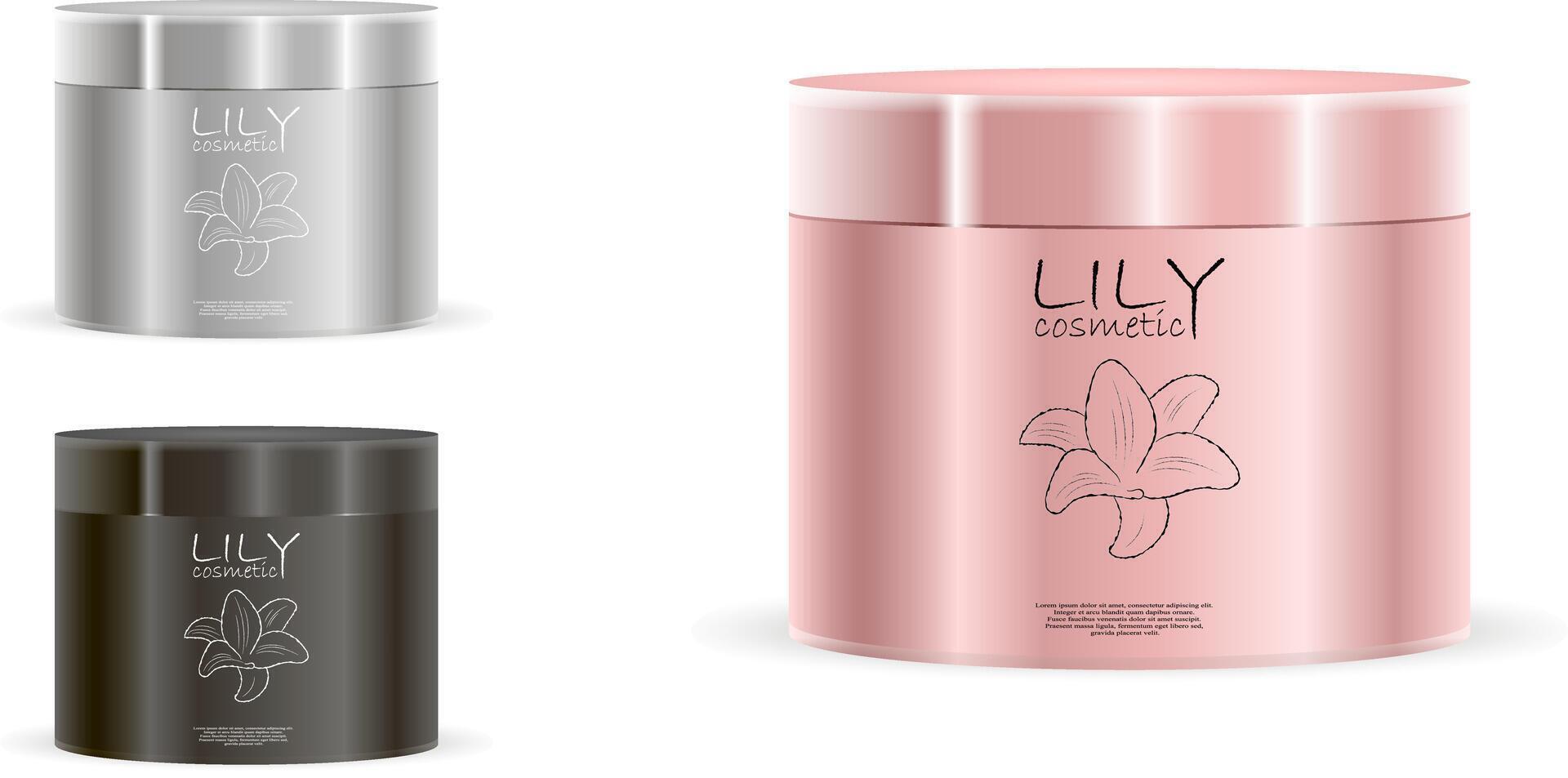 Cream jars pack in silver, rose gold and black color with label and logo design. Different height cosmetic cans with lids metallic or plastic. Packaging for cream, salt, powder, ointment vector