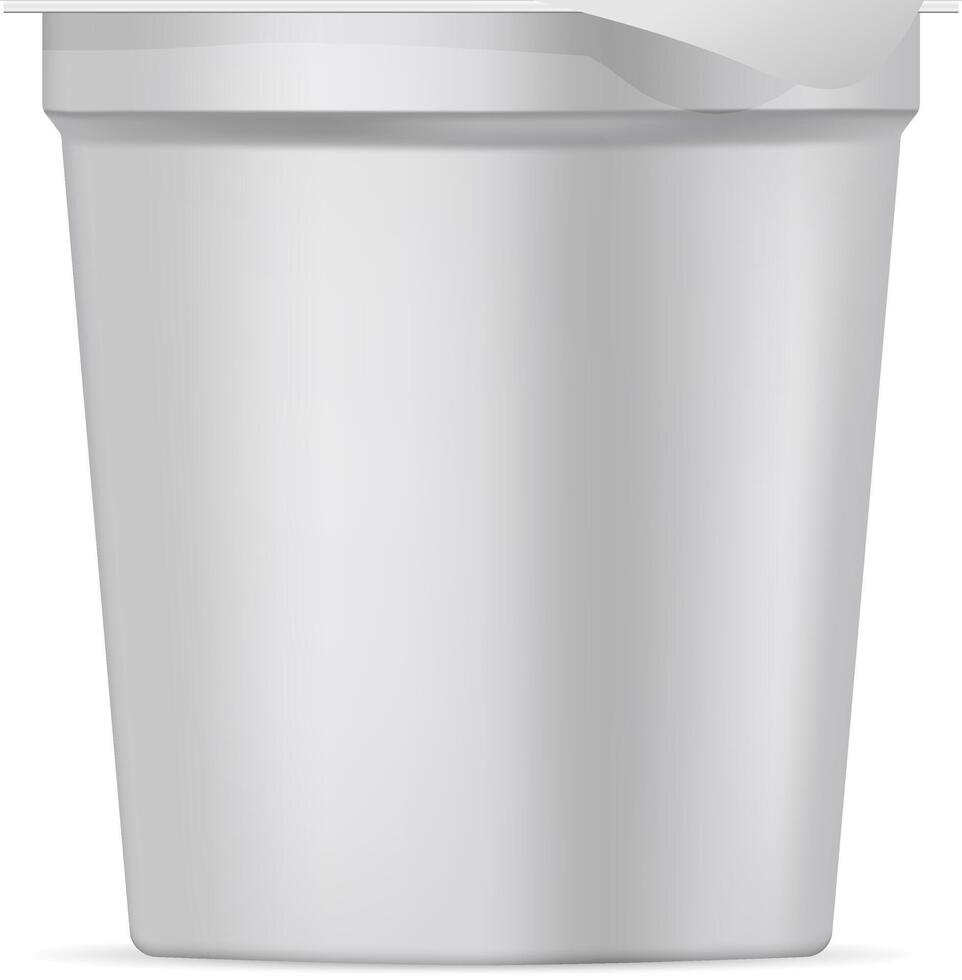 Round white matte plastic pot with foil cover for yogurt, cream, dessert or jam. Realistic packaging mockup template. 3d illustration. vector