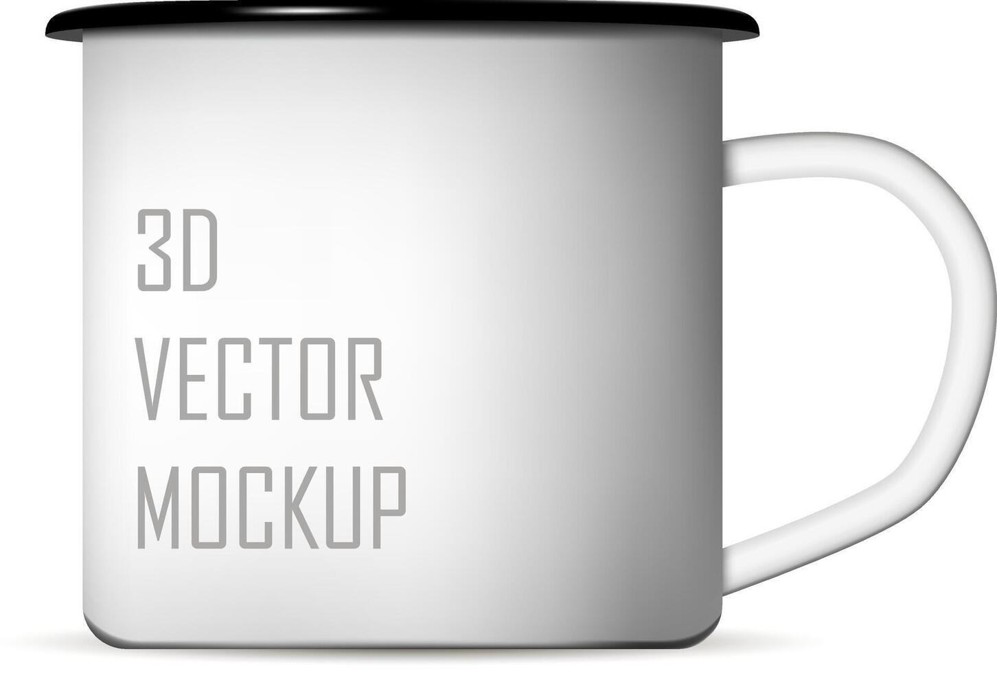White enamel metal camp mug for coffee or tea. Tin illustration for camping, nature. 3d mockup design for your logo. vector