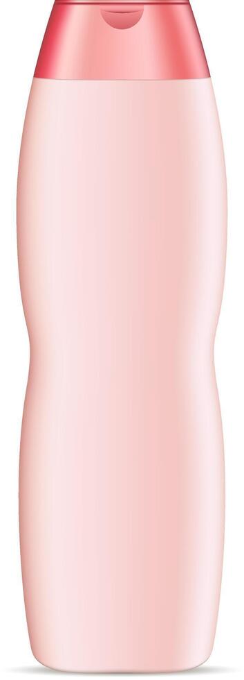 Curved shape cosmetic bottle mockup for shampoo, conditioner or shower gel. Color plastic realistic 3d illustration of cosmetics package with rose lid. Clear blank template for your design. vector