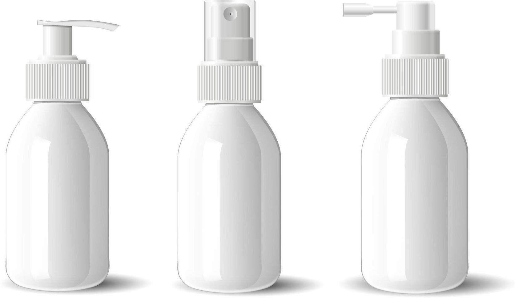 Realistic white glossy glass or plastic Cosmetic bottles dispenser spray pump container. Mockup template for cream, soups, and other cosmetics or medical products. illustration. vector