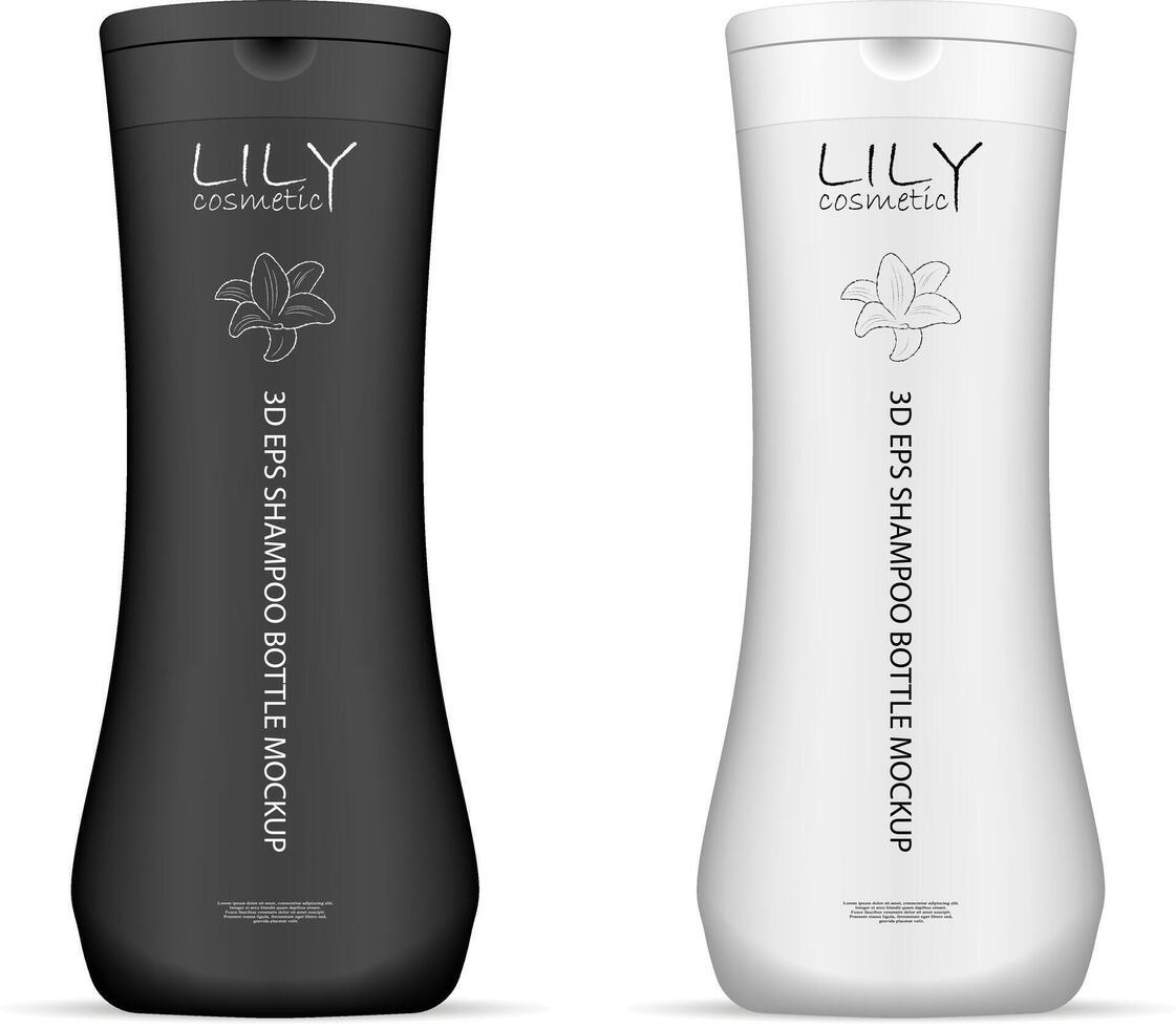 Blackand white cosmetic product bottles mockup set. Realistic containers for shampoo, gel, liquid soap and other cosmetic products. 3d illustration with sample logo. vector